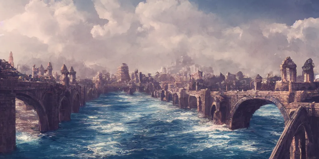 Image similar to ancient city on top of a tall bridge structure over the ocean, one narrow strip of city on one tall bridge, tall arches, long, fading off into the distance, artstation