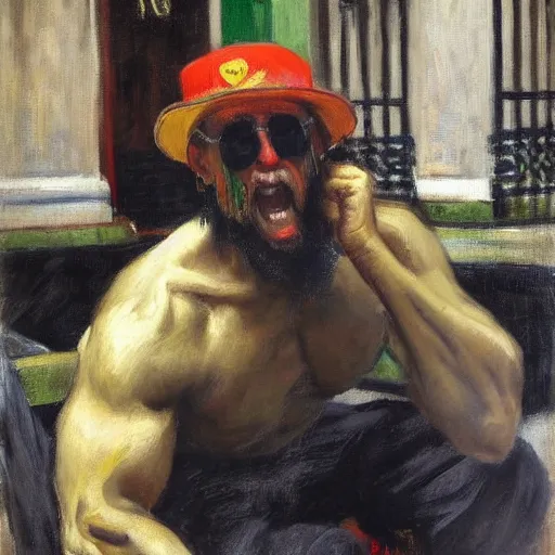 Prompt: painting of the reggae hulk hogan sitting outside a parisian cafe by emile friant