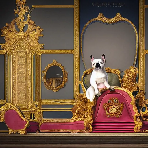 Prompt: 8k highly detailed oil matte painting in the style of Charles Landelle of A French Bulldog Louis XIV, decadent throne room, the other animals prostrate themselves before the throne, French architecture