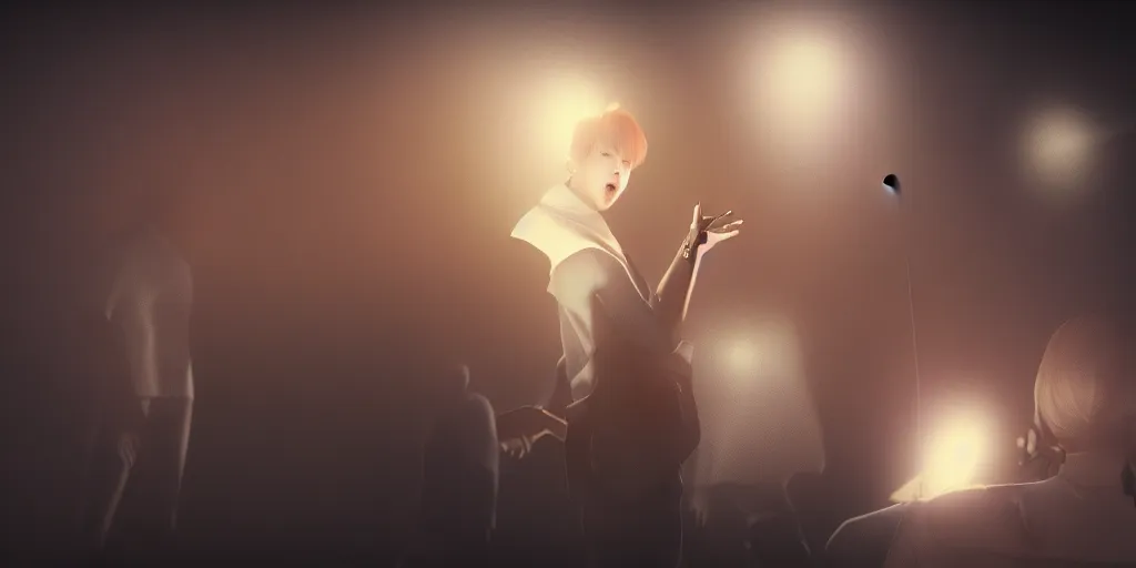 Prompt: Park Jimin singing on stage. photorealism, UHD, amazing depth, glowing, golden ratio, 3D octane cycle unreal engine 5, volumetric lighting, cinematic lighting, cgstation artstation concept art