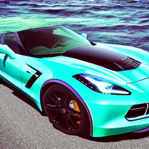 Image similar to a small dark luminous turquoise color liquid water sculpture is a corvette hybrid, corvette convertible, viscous, reflective, monochromatic, digital art