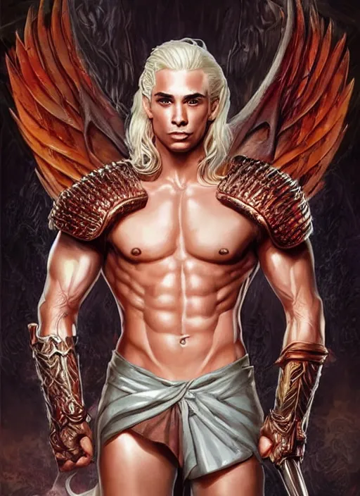 Prompt: handsome viserys targaryen as a muscular angel of battle, urban fantasy romance book cover, D&D!, fantasy style, sharp focus!, ultra detailed, art by Artgerm and Peter Andrew Jones, WLUP