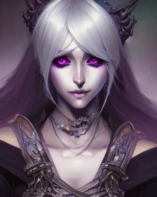 Image similar to portrait of an anime female drow necromancer, hd, illustration, epic, d & d, fantasy, intricate, elegant, highly detailed, digital painting, artstation, concept art, smooth, sharp focus, illustration, art by artgerm and greg rutkowski and alphonse mucha, monster hunter illustrations art book