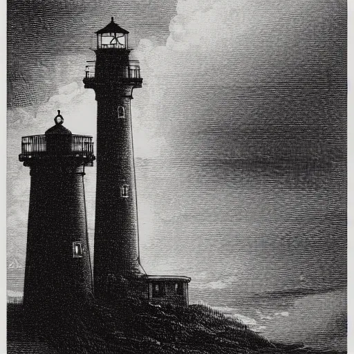 Image similar to a lighthouse during a storm, etching, in the style of gustave dore