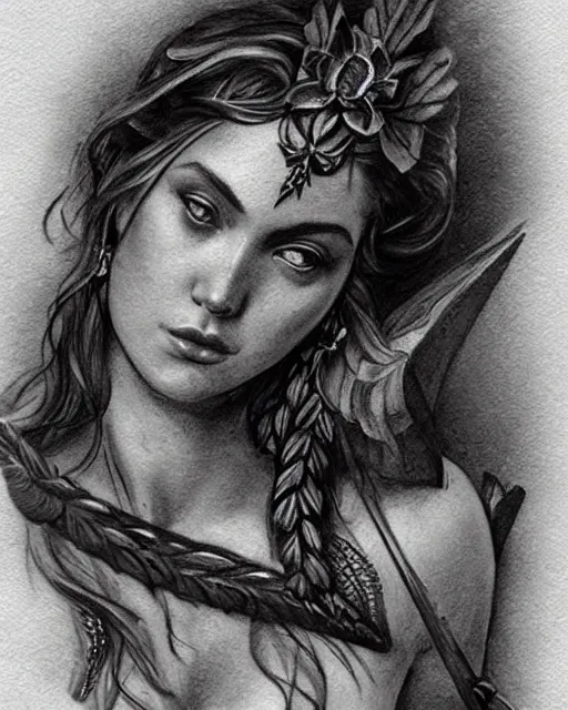 Image similar to realism tattoo sketch of a beautiful greek goddess aphrodite wearing a laurel wreath and arrowhead earrings, in the style of greg rutkowski, amazing detail