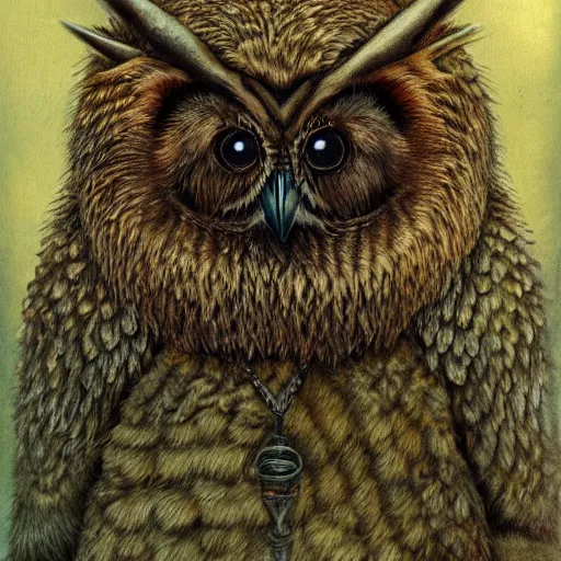 Image similar to three quarter portrait of an owlbear in the forest, d & d, fantasy, hr giger,