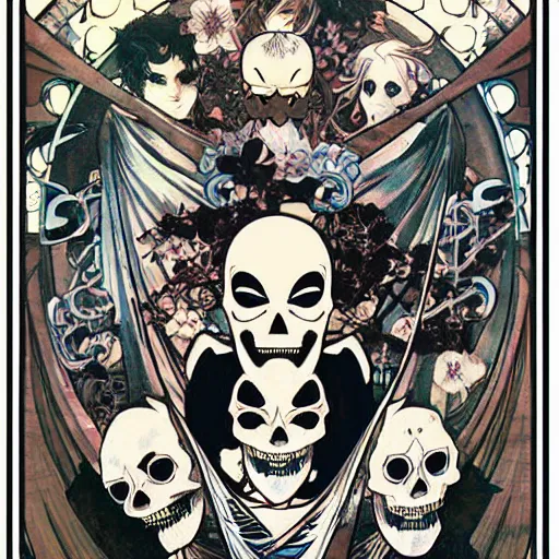 Prompt: anime manga skull portrait marvel batman comic skeleton illustration style by Alphonse Mucha pop art nouveau