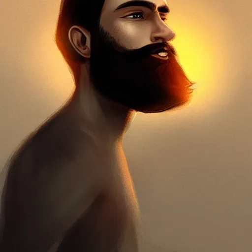 Prompt: young man with a trimmed beard, beautiful sunset, high definition, concept art, digital painting, art by Bowater and Charlie