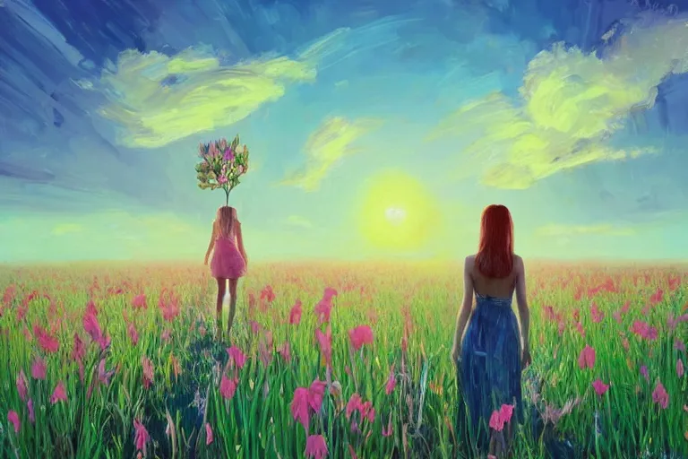 Image similar to giant gladiola head, girl walking in field of flowers, surreal photography, sunrise, blue sky, dramatic light, impressionist painting, digital painting, artstation, simon stalenhag