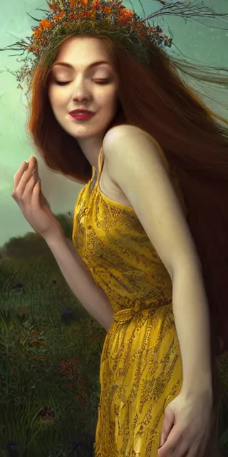 Image similar to young woman, serene smile, surrounded by golden firefly lights amidst nature, full covering intricate detailed dress, long red hair, precise linework, accurate green eyes, small nose with freckles, beautiful smooth oval shape face, empathic, expressive emotions, dramatic lights, hyper realistic ultrafine art by artemisia gentileschi, jessica rossier, boris vallejo