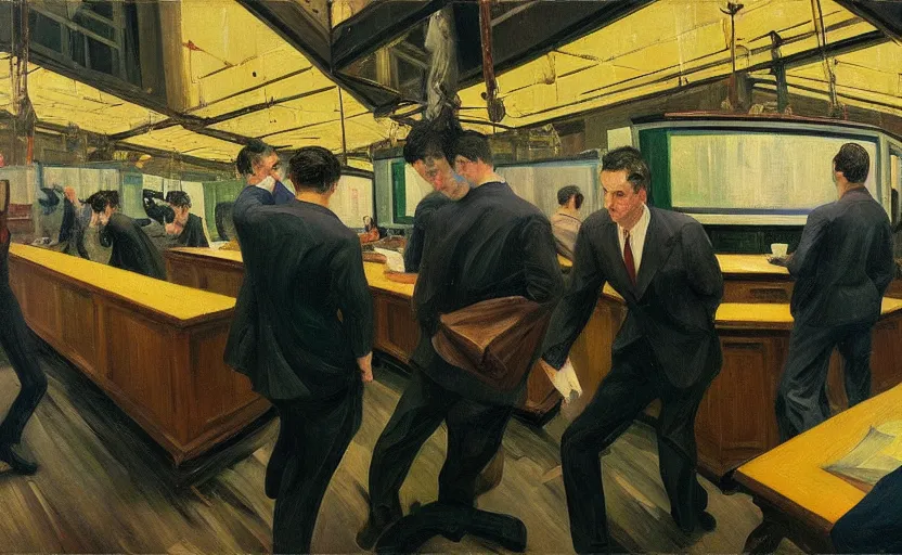 Image similar to Oil painting of mens in newyork stock exchange trading floor bearish markets droped fighting each other papers flying around by Lucian Freud, Abstract brush strokes, Masterpiece, Edward Hopper and James Gilleard, Zdzislaw Beksinski, Mark Ryden, Wolfgang Lettl highly detailed, hints of Yayoi Kasuma