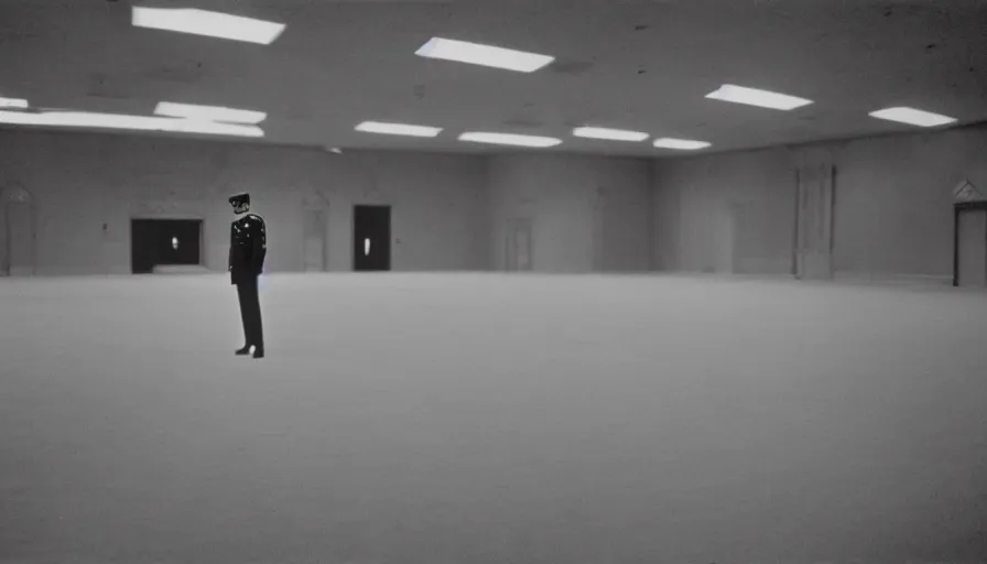 Image similar to 60s movie still of a sovietic stalinist style empty ballroom with one soviet guard standing, cinestill 800t 50mm eastmancolor, liminal Space style, heavy grain-s 150