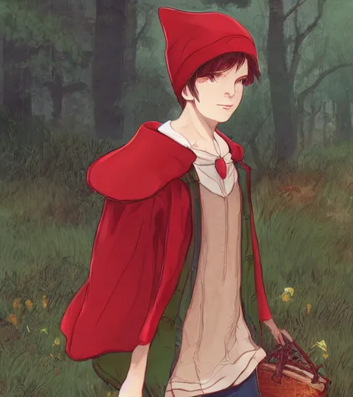 Image similar to attractive little boy character inspired in little red riding hood and venti, digital artwork made by akihiko yoshida and makoto shinkai