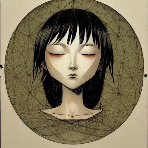 Prompt: prompt: Fragile looking vessel portrait face drawn by Katsuhiro Otomo, inspired by Carlo Dolci, magical and alchemical objects on the side, soft light, white background, intricate detail, intricate ink painting detail, sharp high detail, manga and anime 2000