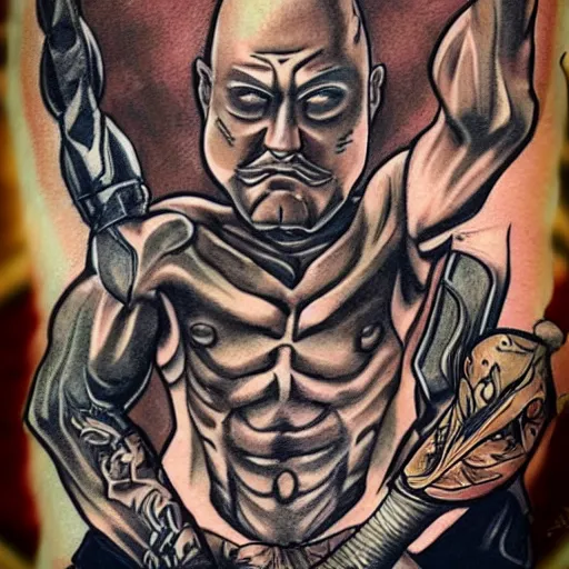 Image similar to muscular bald man, tattooed body, sword in hands, HD, anime style,