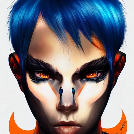 Prompt: illustrated realistic tilted head portrait human female prong-horned with blue bob hair and solid black-eyes black sclera wearing strap leather armor, orange glow, backlit by rossdraws
