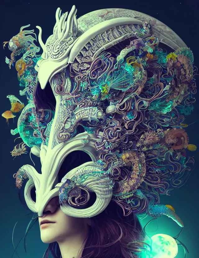 Image similar to 3 d goddess close - up profile solarpunk portrait ram skull. beautiful intricately detailed japanese crow kitsune mask and clasical japanese kimono. betta fish, jellyfish phoenix, bio luminescent, plasma, ice, water, wind, creature, artwork by tooth wu and wlop and beeple and greg rutkowski