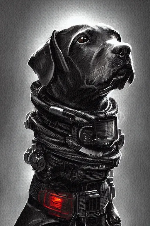 Image similar to a portrait of cyberpunk dog, grim - lighting, high - contrast, intricate, elegant, highly detailed, digital painting, artstation, concept art, smooth, sharp focus, illustration