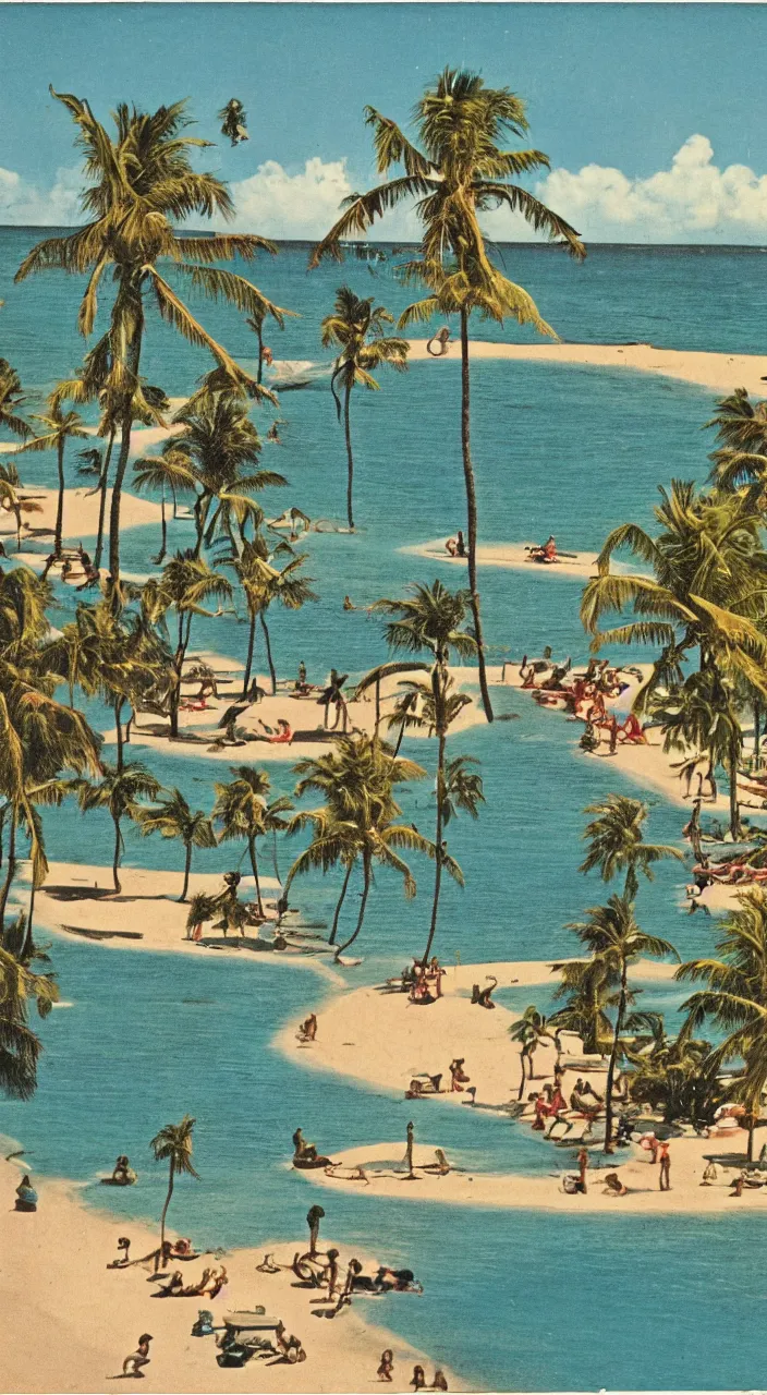 Image similar to a 1950s vacation pamphlet about a Caribbean beach,