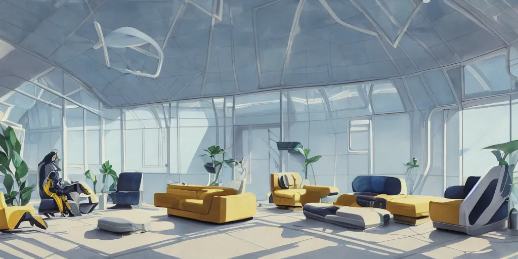 Prompt: a beautiful illustration of futuristic interior studio, lots of furniture, sofa, waiting room, big medium small, sacred geometry, golden ratio, in watercolor gouache detailed paintings, in style of syd mead, trending on artstation, 8 k, panel, hard surface, wallpaper, zaha hadid, scattered props, plant, cozy, decoration, simon stalenhag, deus ex