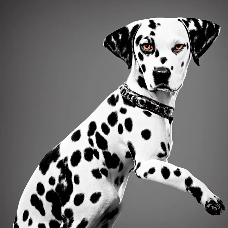 Prompt: vogue photoshoot octane render of dalmatian dog with white background, focus bright, very short depth of field, bokeh