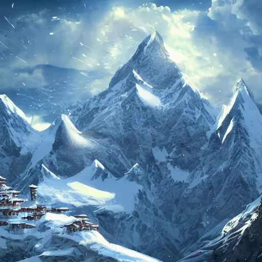 Prompt: snowy peaks, himalayas, buddhist temple, stunning, extraordinary, blizzard, mystical, made in abyss style, detailed, dynamic scene