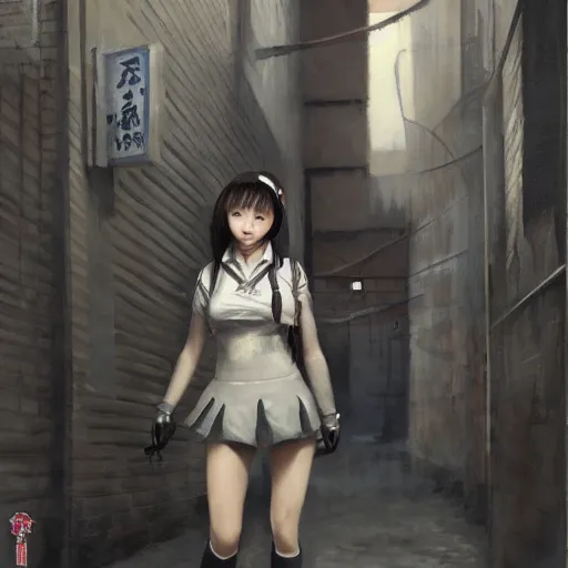 Image similar to a perfect, realistic professional oil painting of a Japanese schoolgirl posing in a dystopian alleyway, style of Marvel, full length, fine details, by a professional American senior artist on ArtStation, a high-quality hollywood-style concept