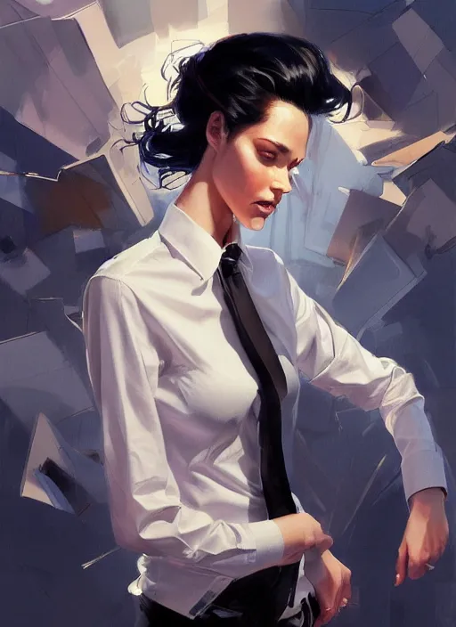 Image similar to a ultradetailed beautiful panting of a stylish woman wearing a shirt with a tie, she has black hair, disressed, background explosion, by jesper ejsing, jon foster, greg rutkowski on artstation