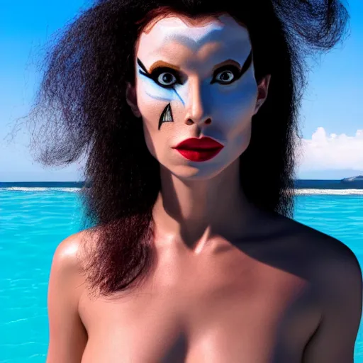 Image similar to a portrait of an sttng star trek klingon on holiday at risa, detailed face, detailed forehead, swimsuit, supermodel, model, star trek, photography, instagram, holiday, beach, high quality, sharp, cait miers, michael hoppen, qapla