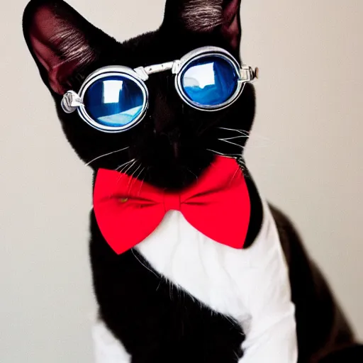 Prompt: sapphire cat wearing black goggles and red bow tie