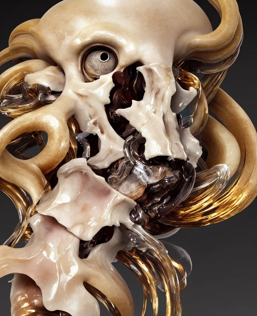 Image similar to goddess princess face close-up portrait ram skull. sculpture made of polished gold and matte obsidian. jellyfish phoenix head, nautilus, orchid, skull, betta fish, bioluminiscent creatures, intricate artwork by Tooth Wu and wlop and beeple. octane render, trending on artstation, greg rutkowski very coherent symmetrical artwork. cinematic, hyper realism, high detail, octane render, 8k