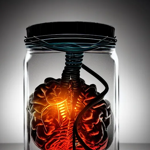 Prompt: brain in a jar, wires hooked up, medical equipment, dystopia, creepy, highly detailed, high quality, high resolution