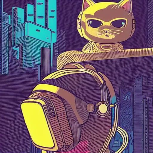 Image similar to Illustrated by Shepard Fairey and Moebius | Cyberpunk cute kitty with VR helmet, surrounded by cables