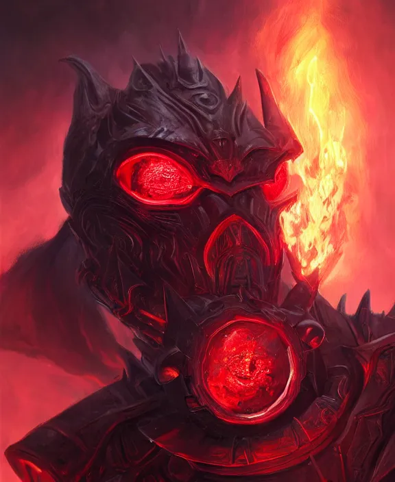 Image similar to a detailed portrait of a menacing armoured dark lord with glowing red eyes and a crown of fire by Tyler Edlin and Moebius, 4k resolution, photorealistic