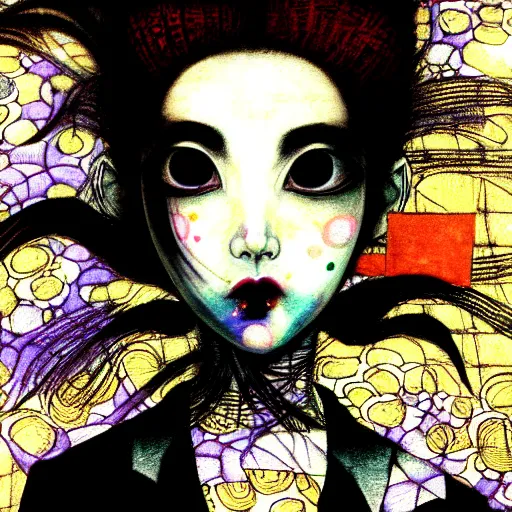 Image similar to yoshitaka amano blurred and dreamy realistic three quarter angle illustration of a young woman with black lipstick and black eyes wearing dress suit with tie, junji ito abstract patterns in the background, satoshi kon anime, noisy film grain effect, highly detailed, renaissance oil painting, weird portrait angle, blurred lost edges