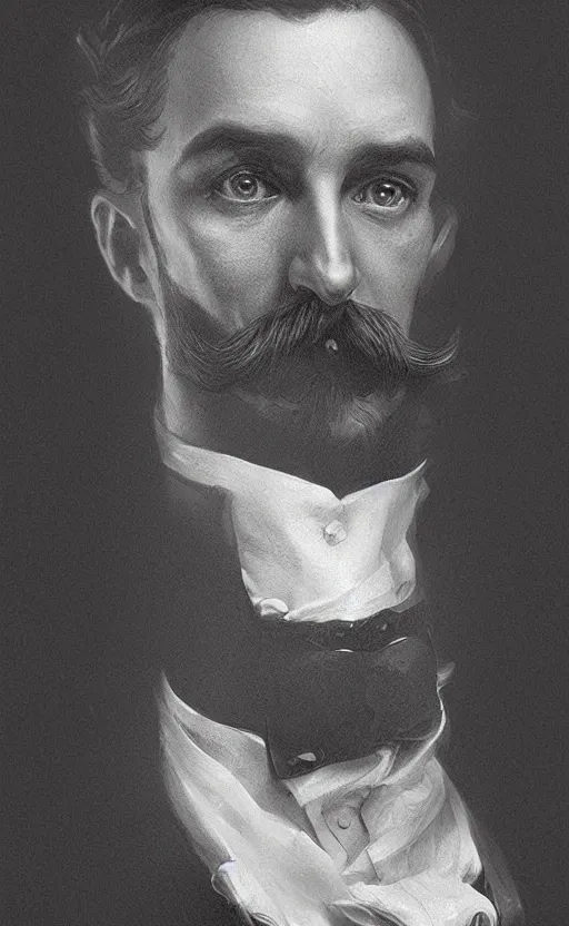 Image similar to portrait of a victorian man with a handlebar moustache, male, detailed face, victorian, highly detailed, cinematic lighting, digital art painting by greg rutkowski