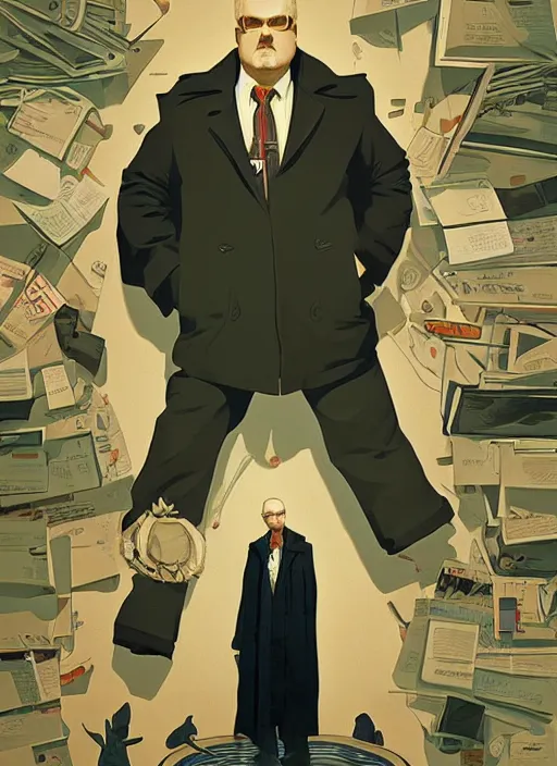 Image similar to poster artwork by Michael Whelan and Tomer Hanuka, Karol Bak of Jim Gaffigan hitman in peacoat from scene from Twin Peaks, clean, simple nostalgic, domestic