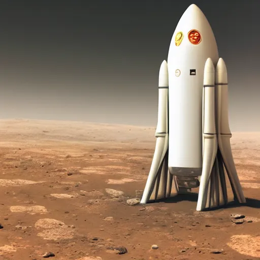 Prompt: a large white rocket lands on the surface of mars, retro futurism, high quality, high resolution