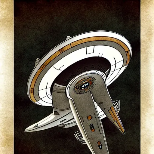 Image similar to design, starship enterprise from star trek, borders, lines, decorations, muted colors, by jean - baptiste monge