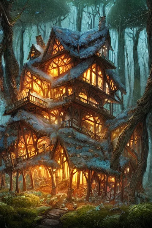 Image similar to a storybook illustration of a ramshackle multistory fairytale hut in the forest, intricate, elegant, fantasy, highly detailed, digital painting, concept art, sharp focus, artstation