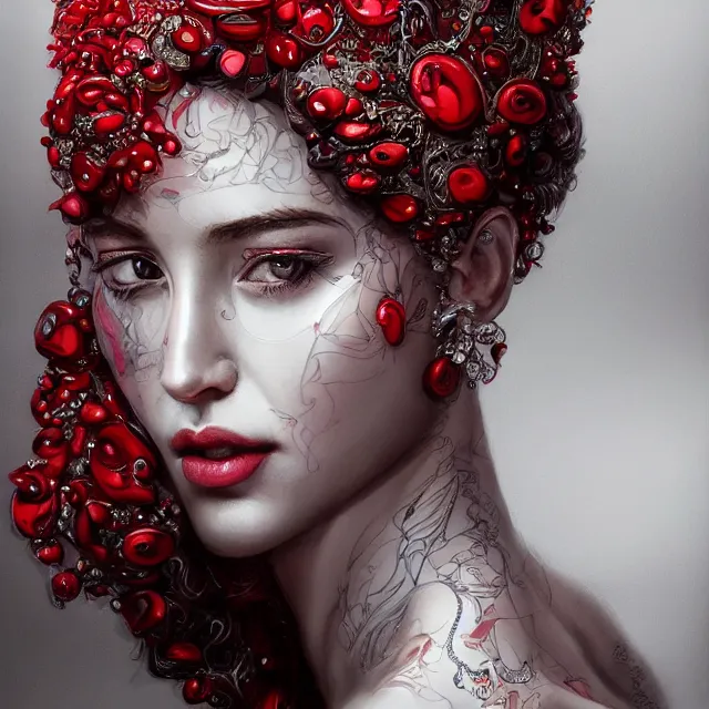 Image similar to studio portrait of absurdly beautiful, elegant, young woman made of rubies and red gems, ultrafine hyperrealistic detailed face illustration by kim jung gi, irakli nadar, intricate linework, sharp focus, bright colors, matte, octopath traveler, final fantasy, unreal engine highly rendered, global illumination, radiant light, intricate environment