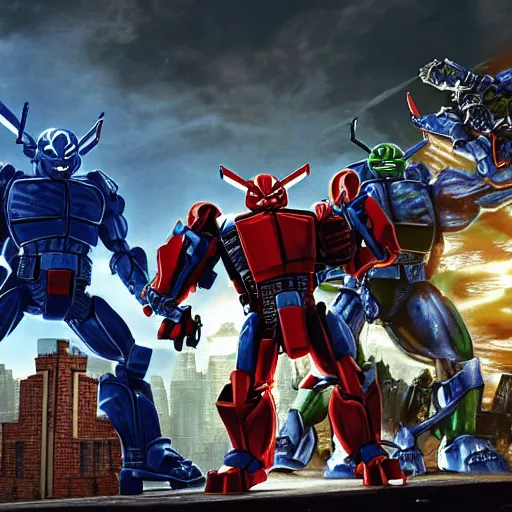 Prompt: optimus prime fights the teenage mutant ninja turtles in NYC, 4K, intricate detail,