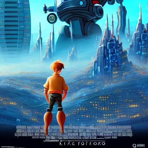 Prompt: film poster, an adventurous boy ( facing the camera ) and his small robot friend, futuristic city backgrond, eleborate composition with foreground and background, depth of field, fantasy illustration by kyoto studio, don bluth!!!, square enix, cinematic lighting