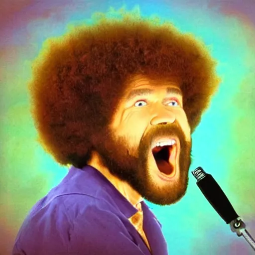 Image similar to bob ross screaming on a bad acid trip