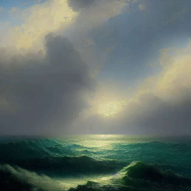 Image similar to a beautiful painting of the sea by ( ivan aivazovsky ) and frederic edwin church and greg rutkowski and george varodi. in style of concept art. 4 k texture. ray tracing. sharp lines, hyper detailed. octane render. trending on artstation