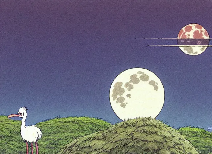 Image similar to a still from a studio ghibli movie of a cartoon ostrich from princess mononoke ( 1 9 9 7 ), in front of a pale full moon, full body, wide shot, very dull muted colors, studio ghibli, highly detailed, deviantart, art by artgem