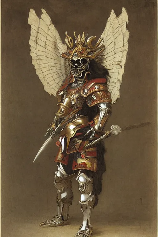 Image similar to portrait of a skeleton with chinese dragon in armor and helmet, majestic, solemn, big sword, wearing helmets and armor with wings, symmetrical, solemn, sacred, aura, by bouguereau