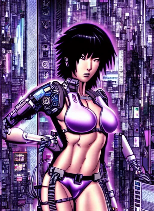 Image similar to motoko kusanagi in grungy cyberpunk megacity, intricate and finely detailed, cyberpunk vaporwave, portrait by j scott campbell