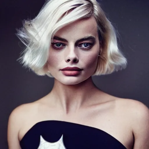 Image similar to photo of margot robbie as a paladin, full platinum blond, bleached eyebrows, pale skin, freckle, by vivian maier, realistic, high detail, high quality, trending on pinteresst