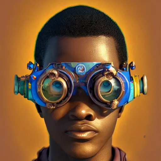 Prompt: colourful vfx upper half - portrait - art of a nigerian boy wearing steam punk goggles, art by alphonse mucha & james jean, digital render, digital illustration, concept art, caricature, volumetric light, ray tracing, symmetrical, unreal engine, octane 3 d render, sharp, detailed, intricate detail, pinterest, behance, art station,